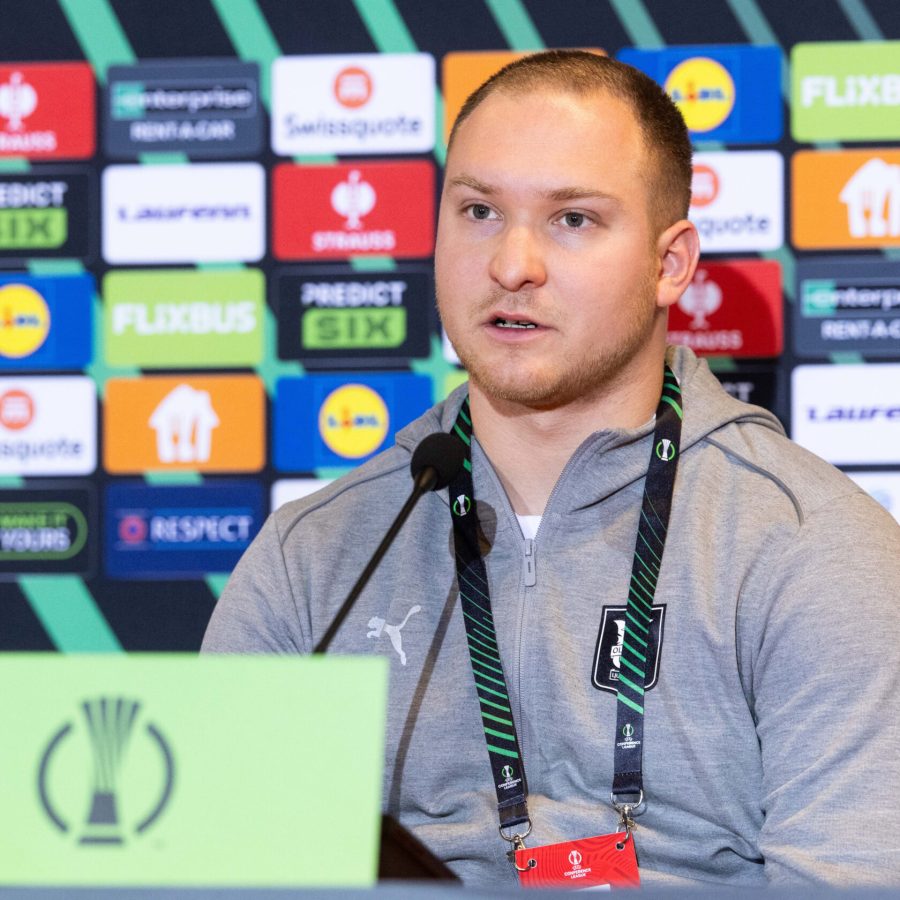 Jakob Cakarmis during press conference of football club NK Olimpija Ljubljana 1 Day prior to the League phase MD6 match of UEFA Conference League 2024/25 between Jagiellonia and NK Olimpija Ljubjlana, on December 18, 2024 in Stadion Miejski w Białymstoku, Bialystok, Poland. Photo by Vid Ponikvar / Sportida